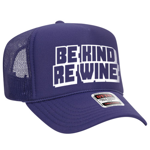 purple cap with 'BE KIND RE WINE' text on a white background corkie wine lover trucker hat