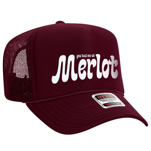 Maroon cap with 'you had me at Merlot' text on a white background corkie wine lover hat