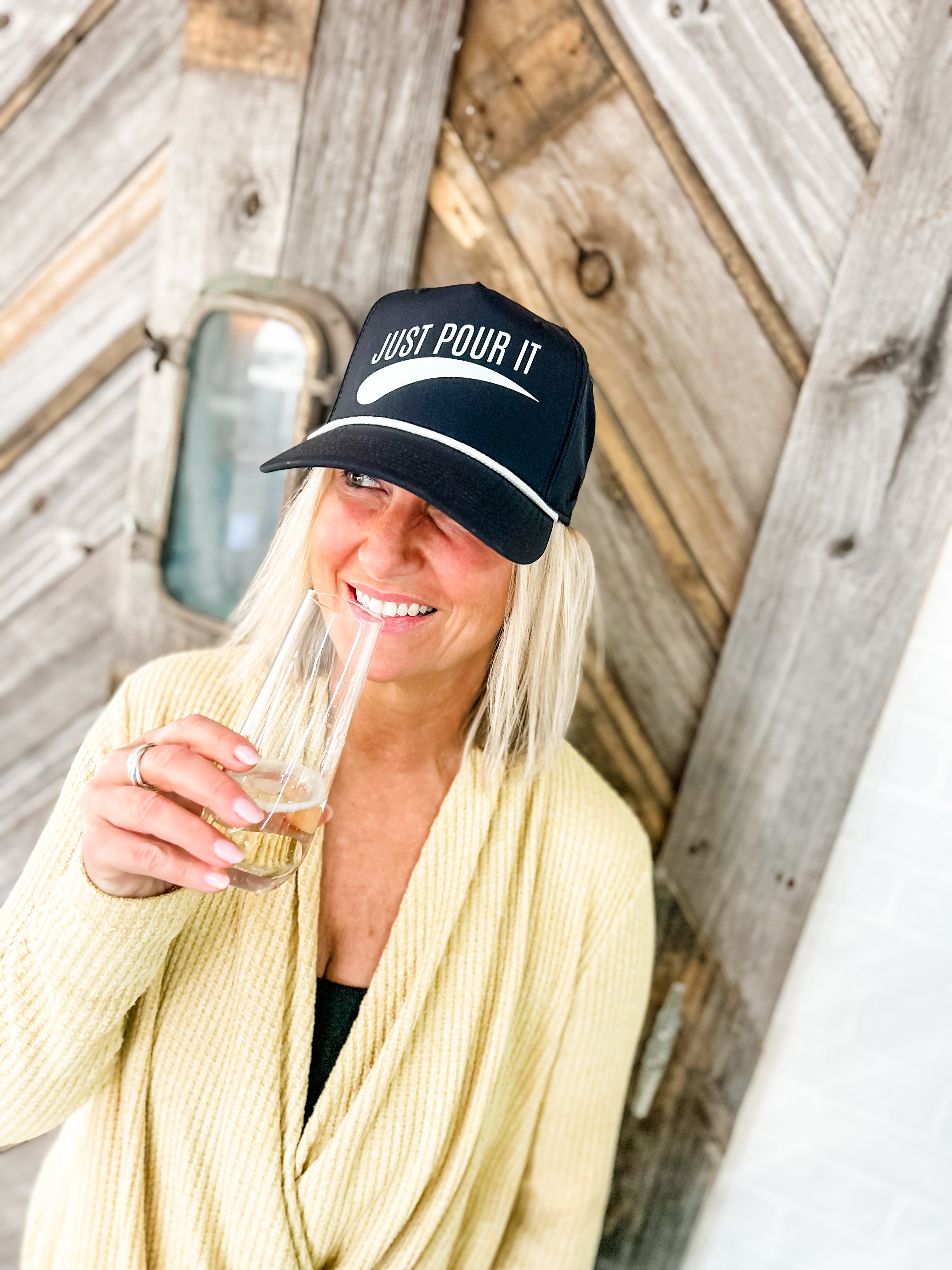 corkie wine lovers apparel black trucker just pour it trademark