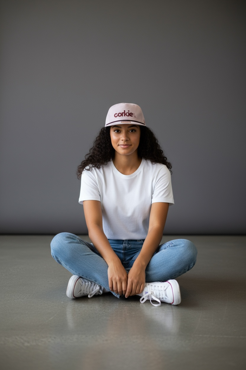woman sitting on the floor wearing a white t-shirt, blue jeans, and a pink rose wine lovers rope cap with 'corkie' branding.