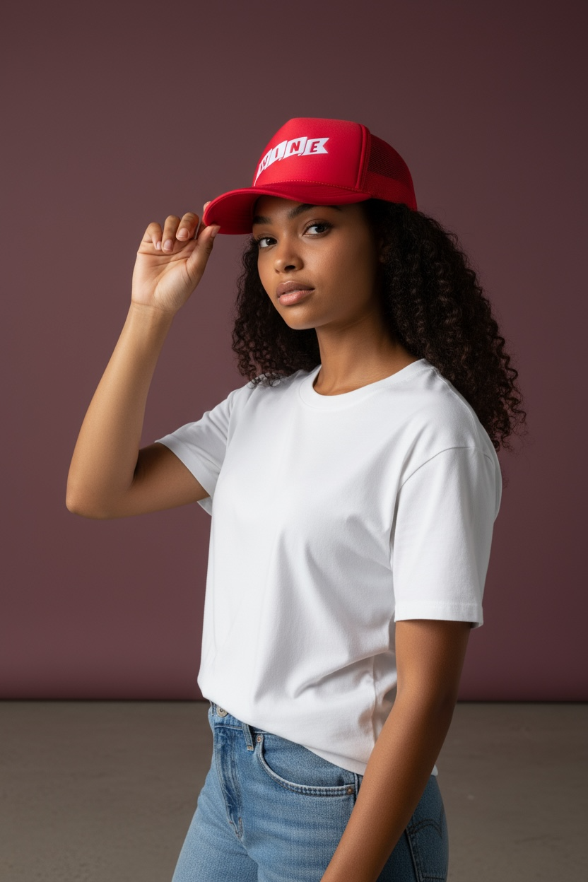 Person wearing a red corkie varsity wine foam trucker cap, white t-shirt, and blue jeans against a brown background